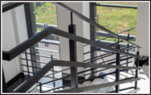 Metal fences of the stairs of the office building.